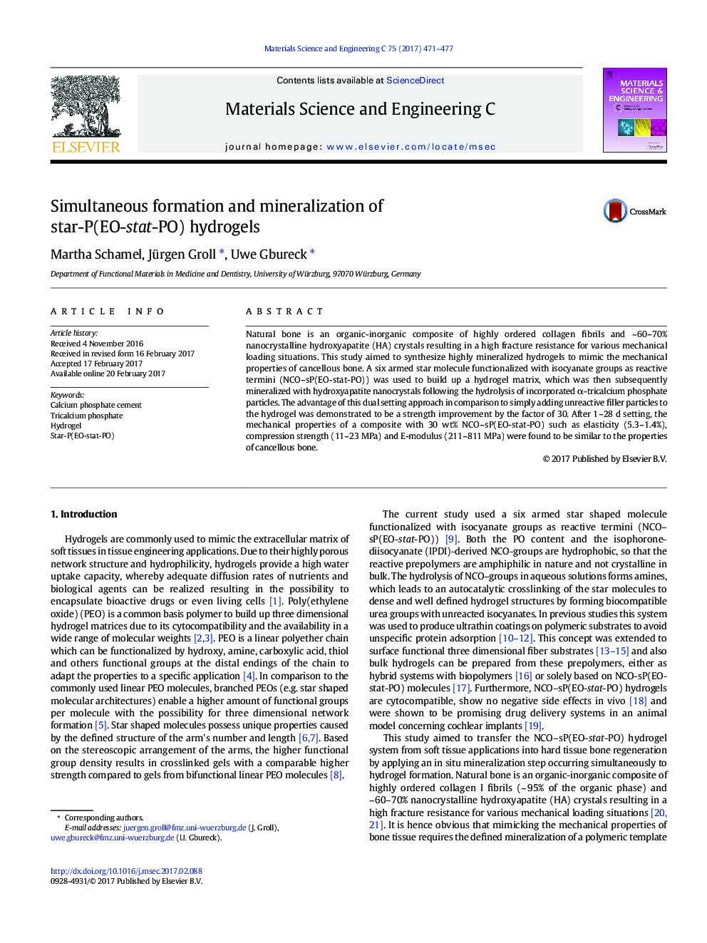 عکس صفحه اول مقاله: Simultaneous formation and mineralization of star-P(EO-stat-PO) hydrogels Simultaneous formation and mineralization of star-P(EO-stat-PO) hydrogels
