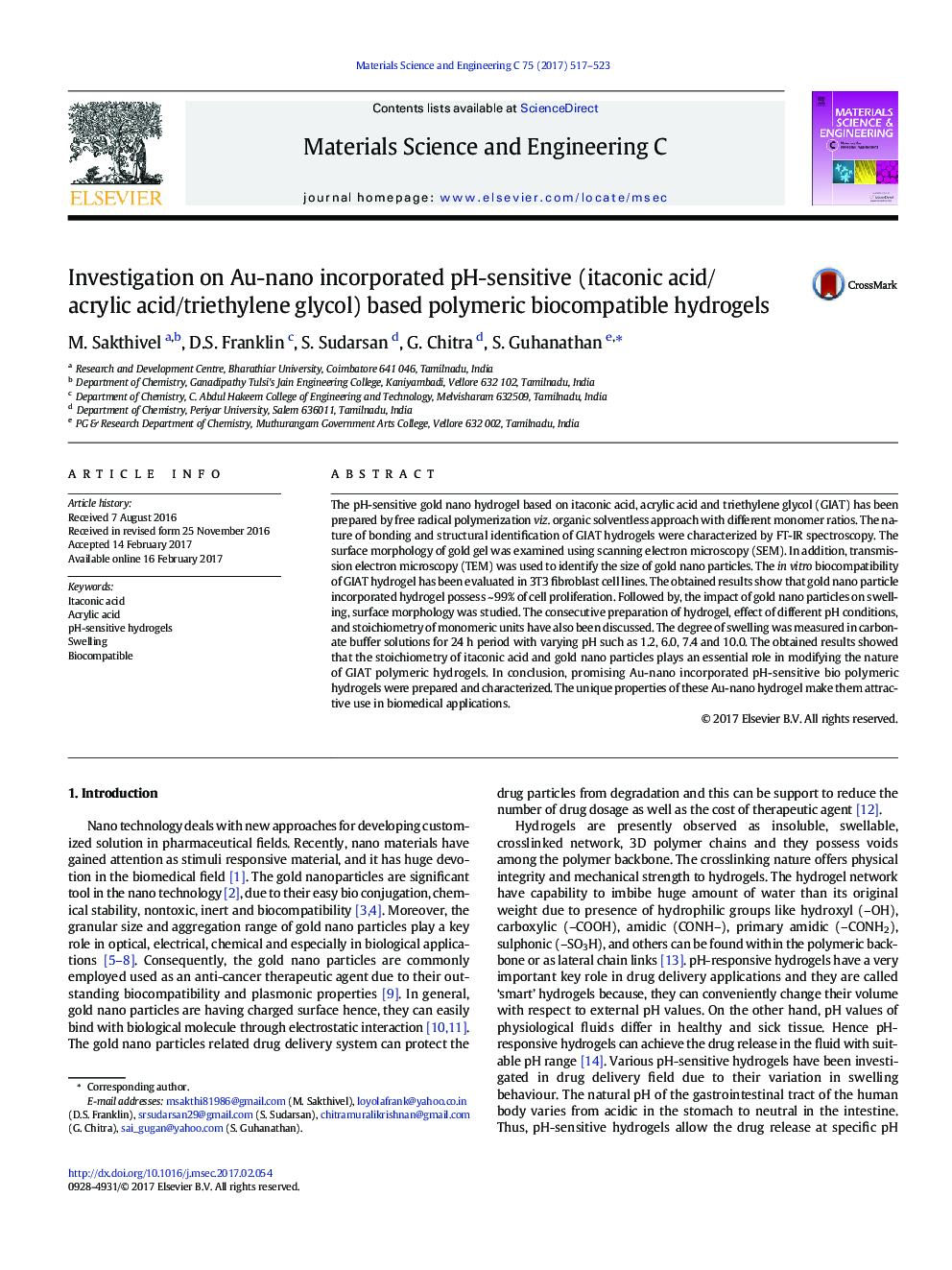 Investigation on Au-nano incorporated pH-sensitive (itaconic acid/acrylic acid/triethylene glycol) based polymeric biocompatible hydrogels