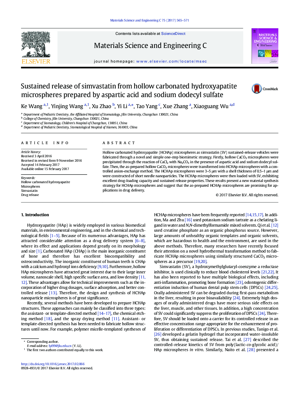انتشار پایدار از سیمواستاتین از میکروسپارهای هیدروکسی آپاتیت کربنات توخالی تهیه شده توسط اسیدآرتیکیک و سدیم داودسیل سولفات 