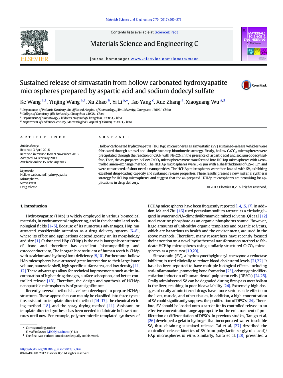 Sustained release of simvastatin from hollow carbonated hydroxyapatite microspheres prepared by aspartic acid and sodium dodecyl sulfate