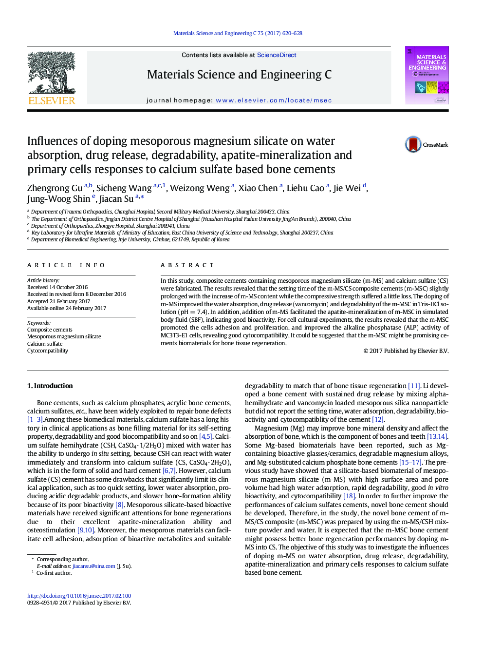 Influences of doping mesoporous magnesium silicate on water absorption, drug release, degradability, apatite-mineralization and primary cells responses to calcium sulfate based bone cements