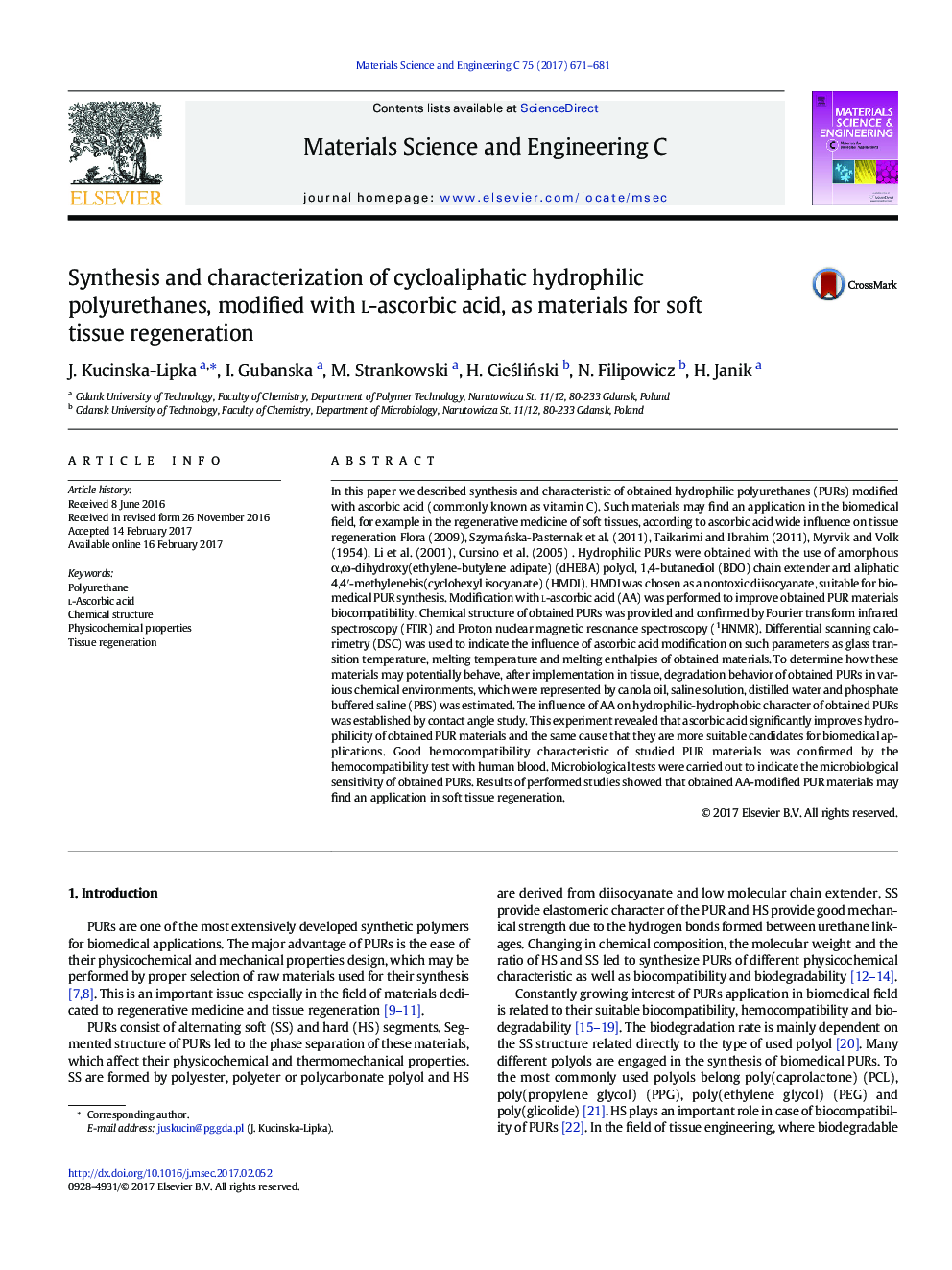 Synthesis and characterization of cycloaliphatic hydrophilic polyurethanes, modified with l-ascorbic acid, as materials for soft tissue regeneration