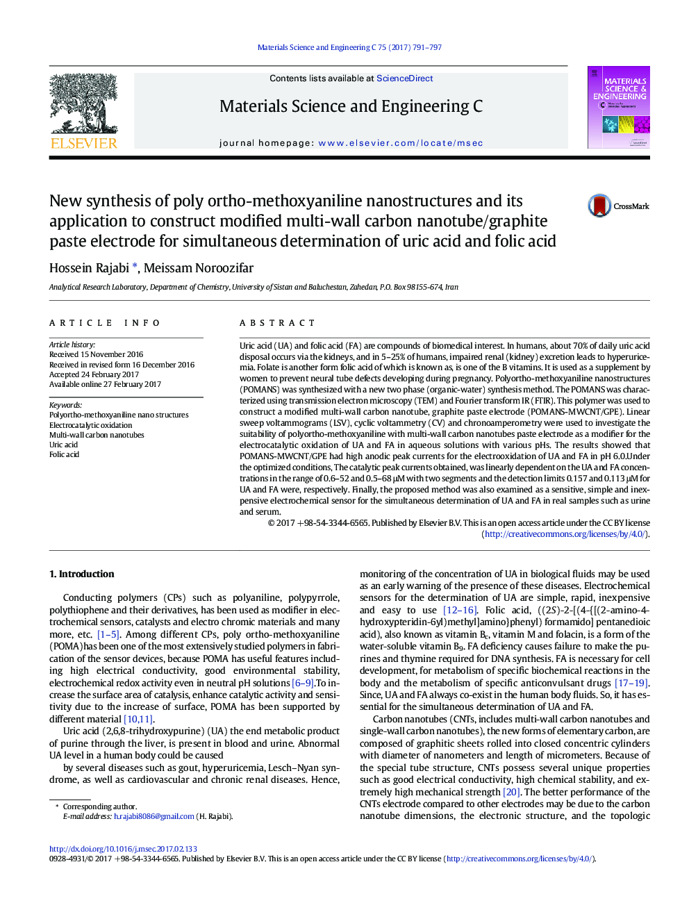 New synthesis of poly ortho-methoxyaniline nanostructures and its application to construct modified multi-wall carbon nanotube/graphite paste electrode for simultaneous determination of uric acid and folic acid