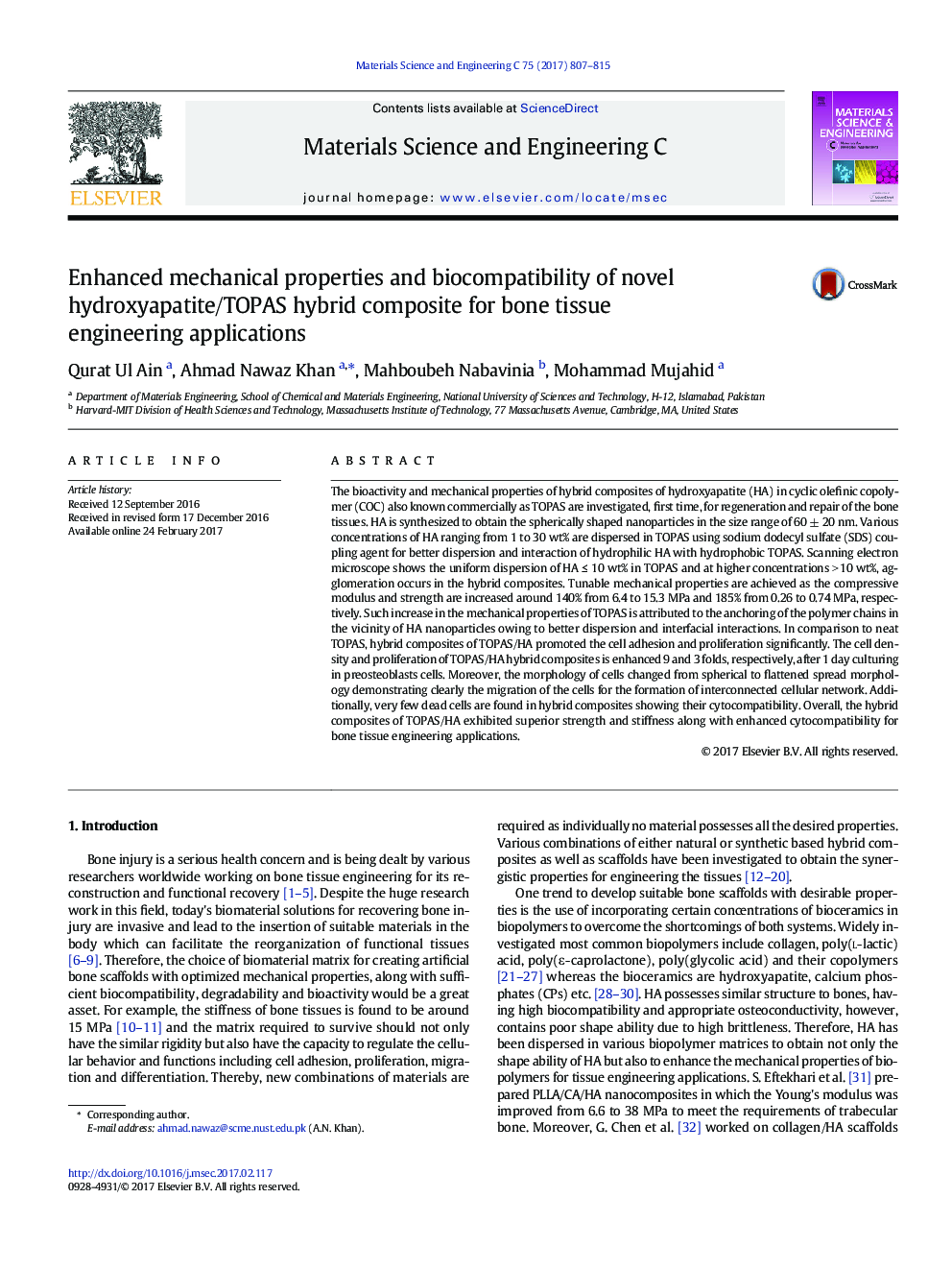 Enhanced mechanical properties and biocompatibility of novel hydroxyapatite/TOPAS hybrid composite for bone tissue engineering applications