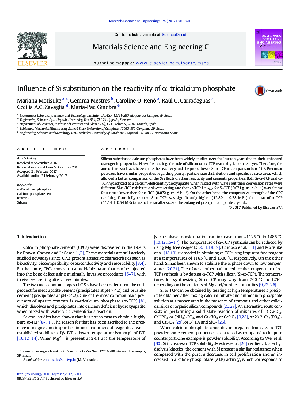 Influence of Si substitution on the reactivity of Î±-tricalcium phosphate