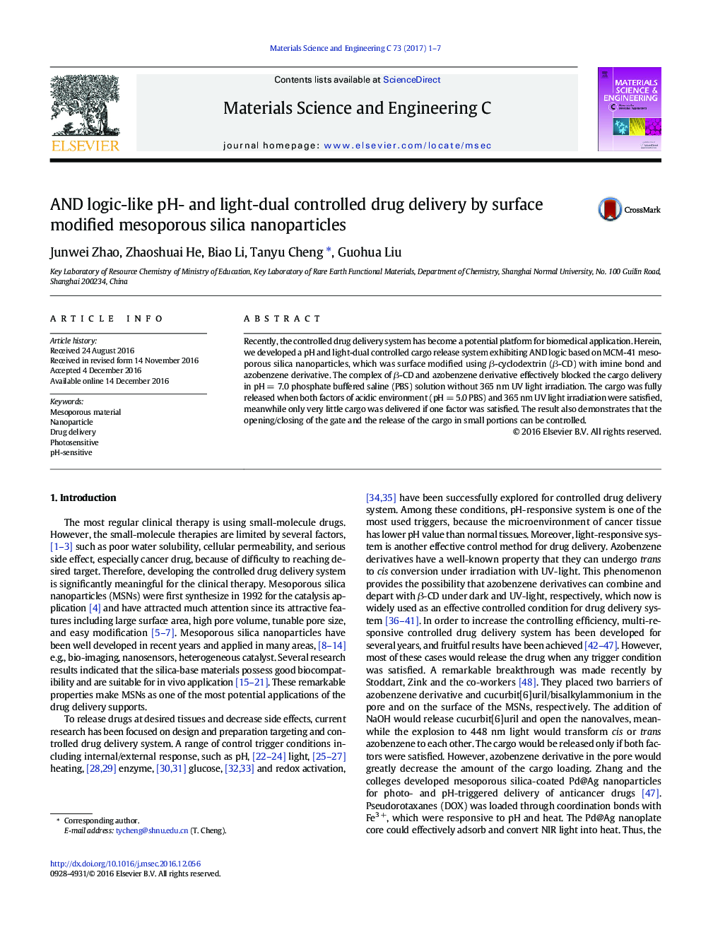 AND logic-like pH- and light-dual controlled drug delivery by surface modified mesoporous silica nanoparticles