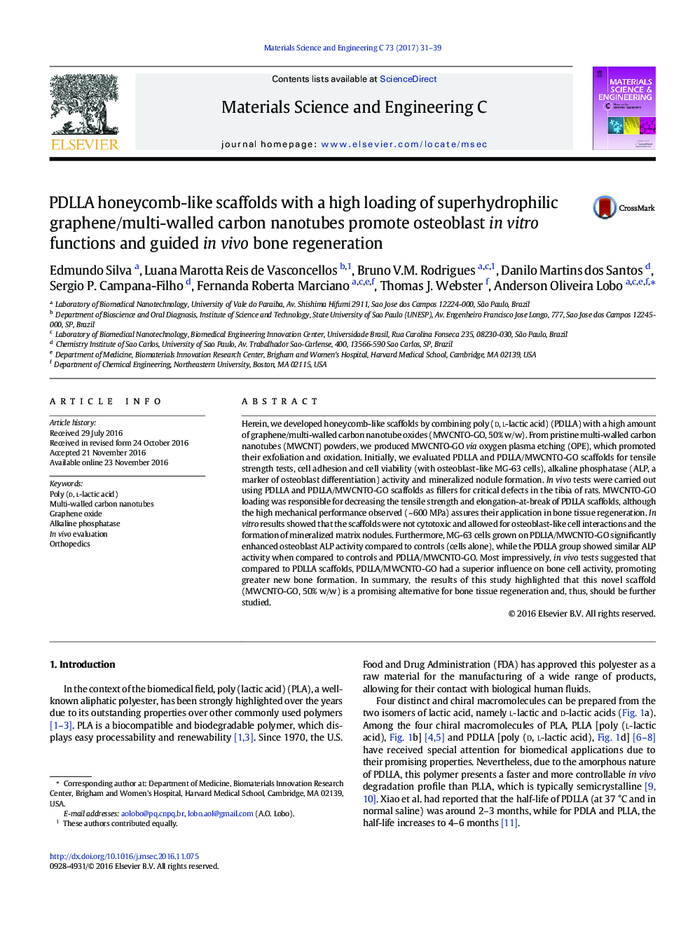 PDLLA honeycomb-like scaffolds with a high loading of superhydrophilic graphene/multi-walled carbon nanotubes promote osteoblast in vitro functions and guided in vivo bone regeneration