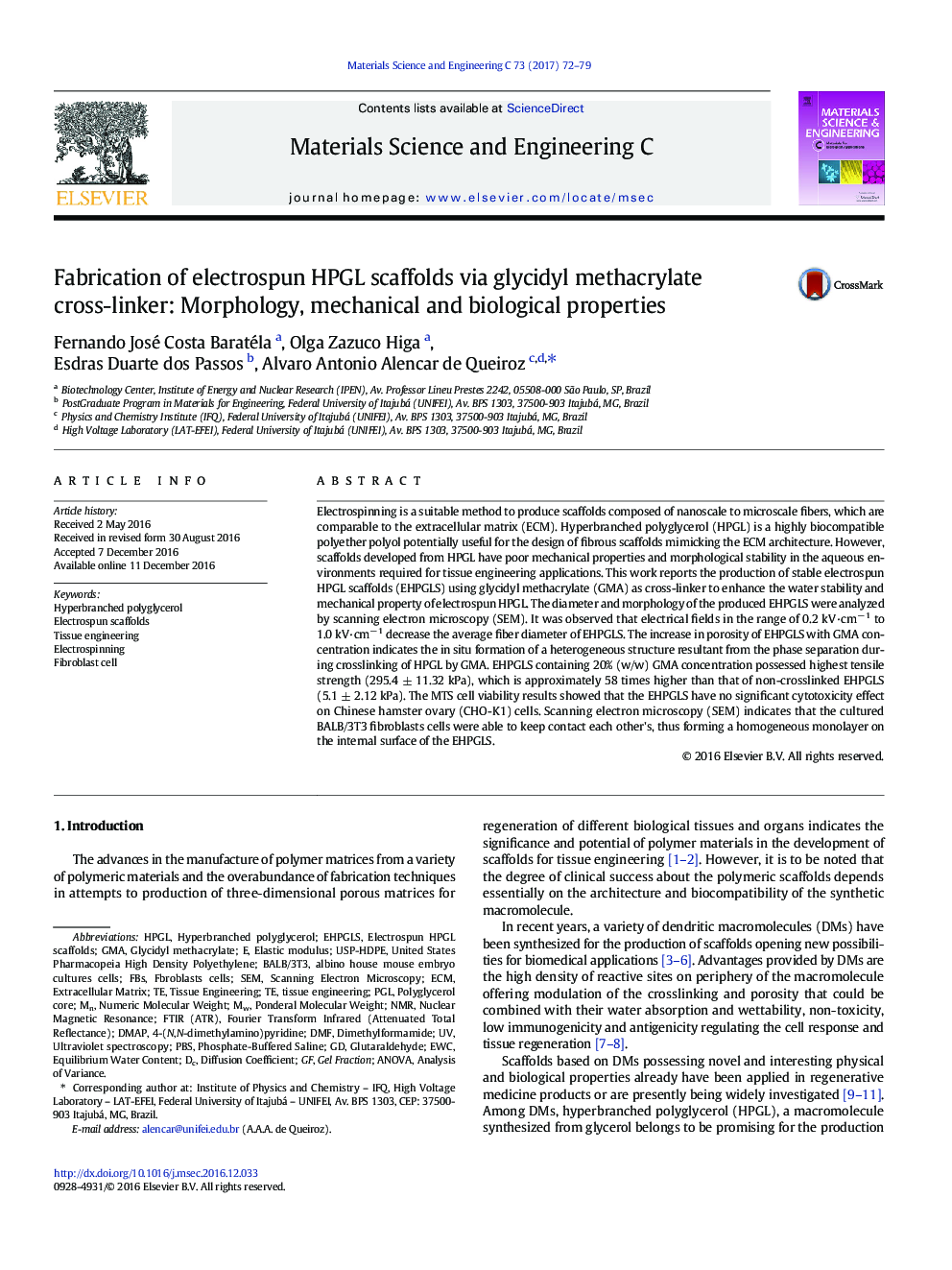 Fabrication of electrospun HPGL scaffolds via glycidyl methacrylate cross-linker: Morphology, mechanical and biological properties