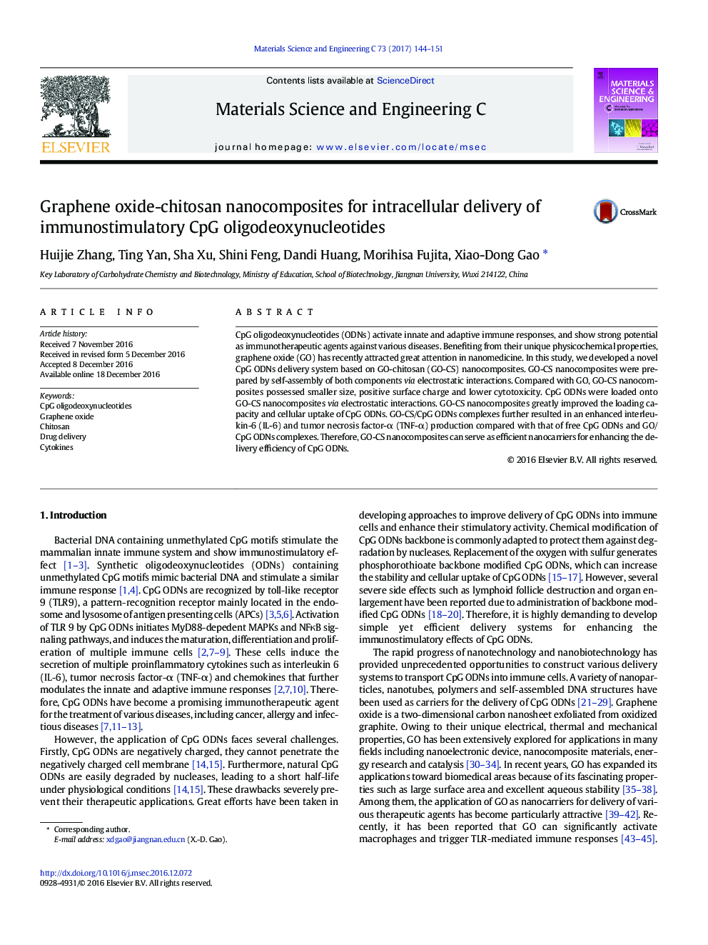 Graphene oxide-chitosan nanocomposites for intracellular delivery of immunostimulatory CpG oligodeoxynucleotides