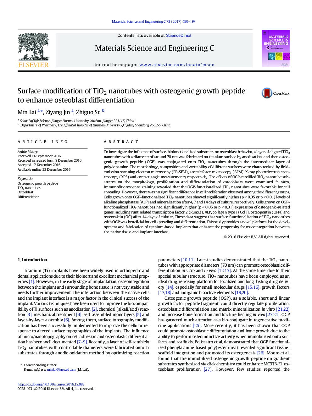 Surface modification of TiO2 nanotubes with osteogenic growth peptide to enhance osteoblast differentiation