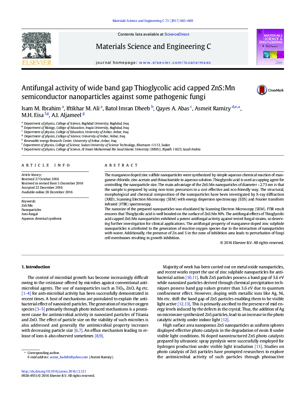 Antifungal activity of wide band gap Thioglycolic acid capped ZnS:Mn semiconductor nanoparticles against some pathogenic fungi