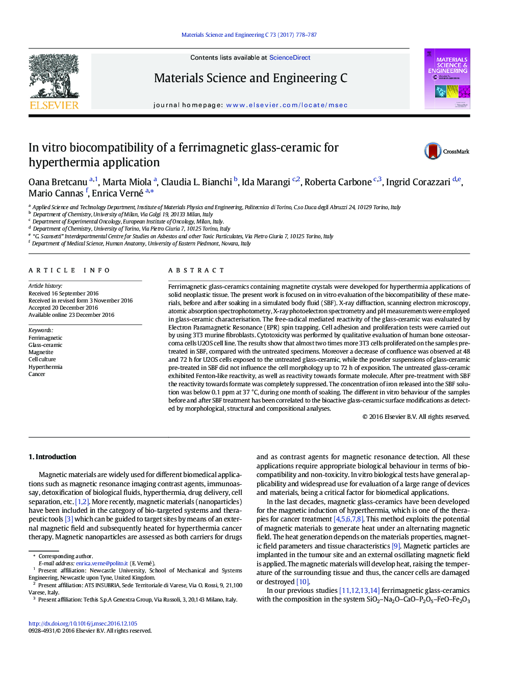 In vitro biocompatibility of a ferrimagnetic glass-ceramic for hyperthermia application