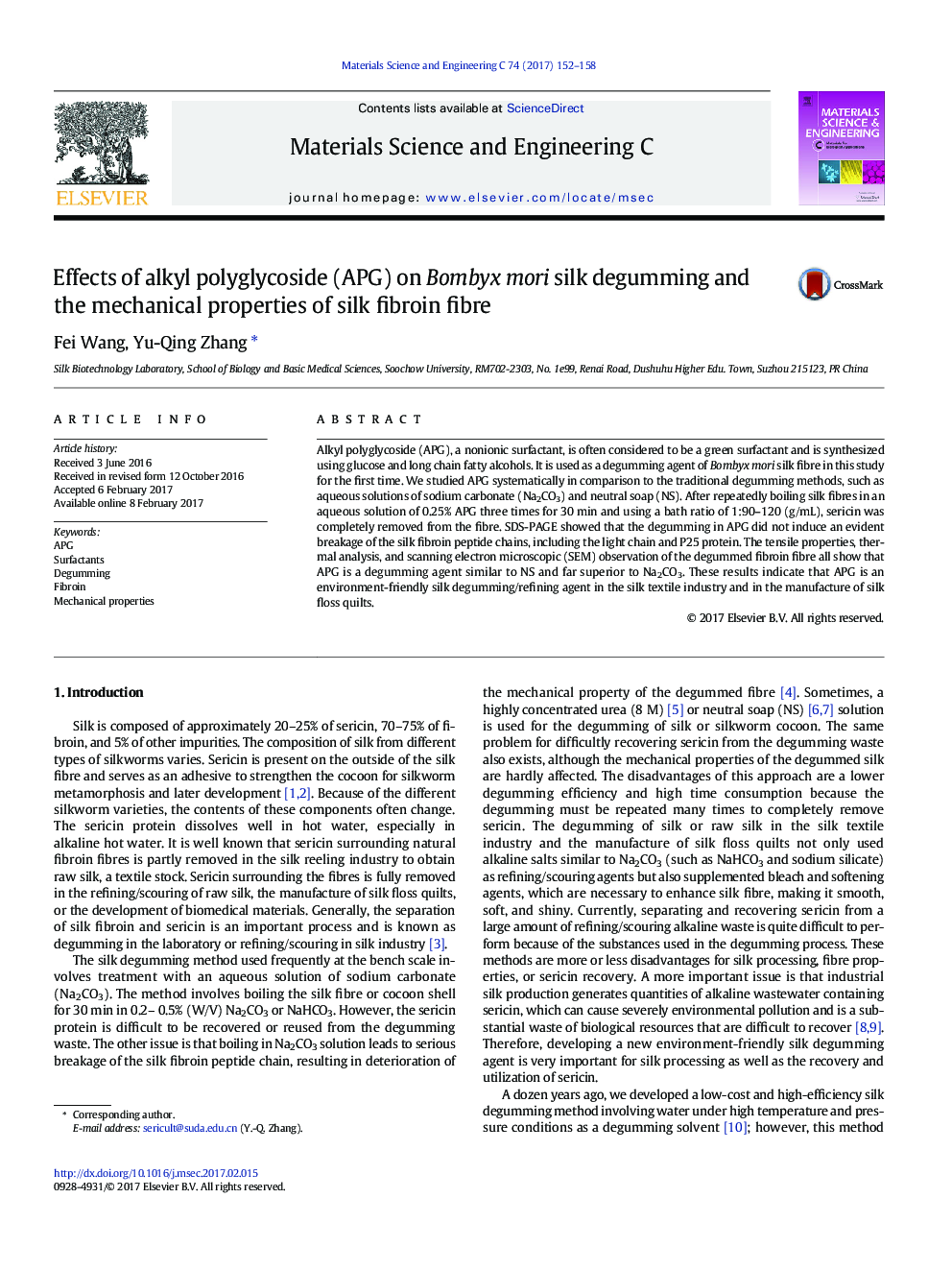 Effects of alkyl polyglycoside (APG) on Bombyx mori silk degumming and the mechanical properties of silk fibroin fibre