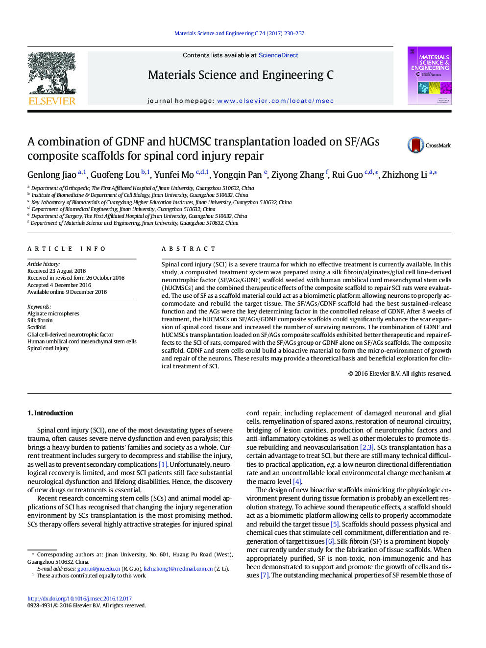 A combination of GDNF and hUCMSC transplantation loaded on SF/AGs composite scaffolds for spinal cord injury repair