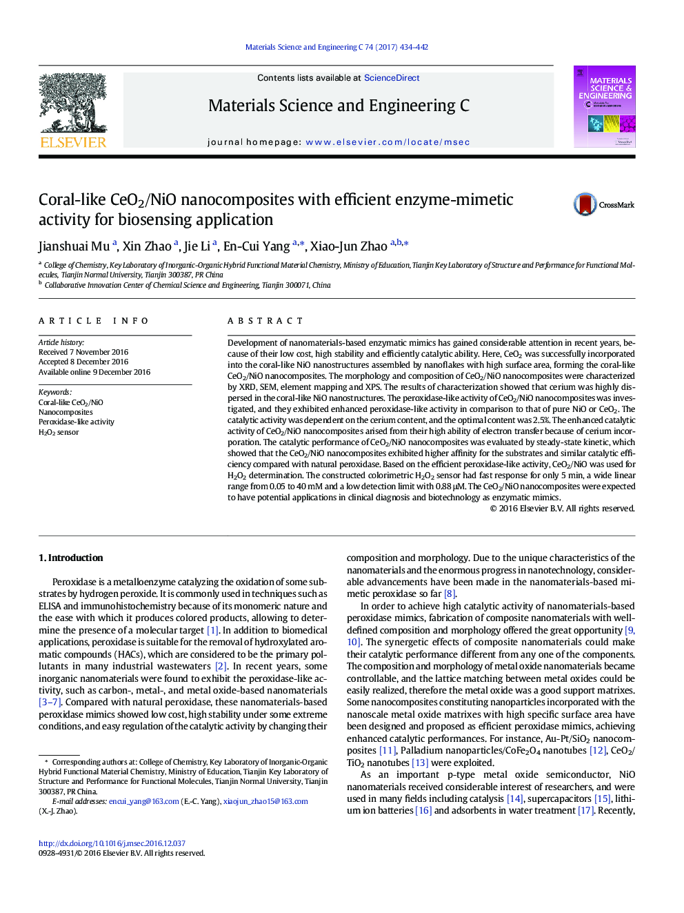 Coral-like CeO2/NiO nanocomposites with efficient enzyme-mimetic activity for biosensing application