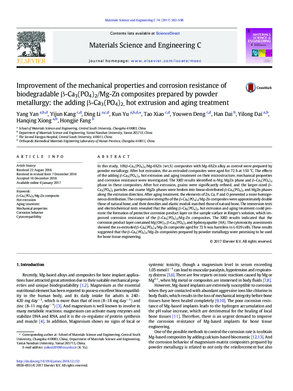 Improvement of the mechanical properties and corrosion resistance of biodegradable Î²-Ca3(PO4)2/Mg-Zn composites prepared by powder metallurgy: the adding Î²-Ca3(PO4)2, hot extrusion and aging treatment