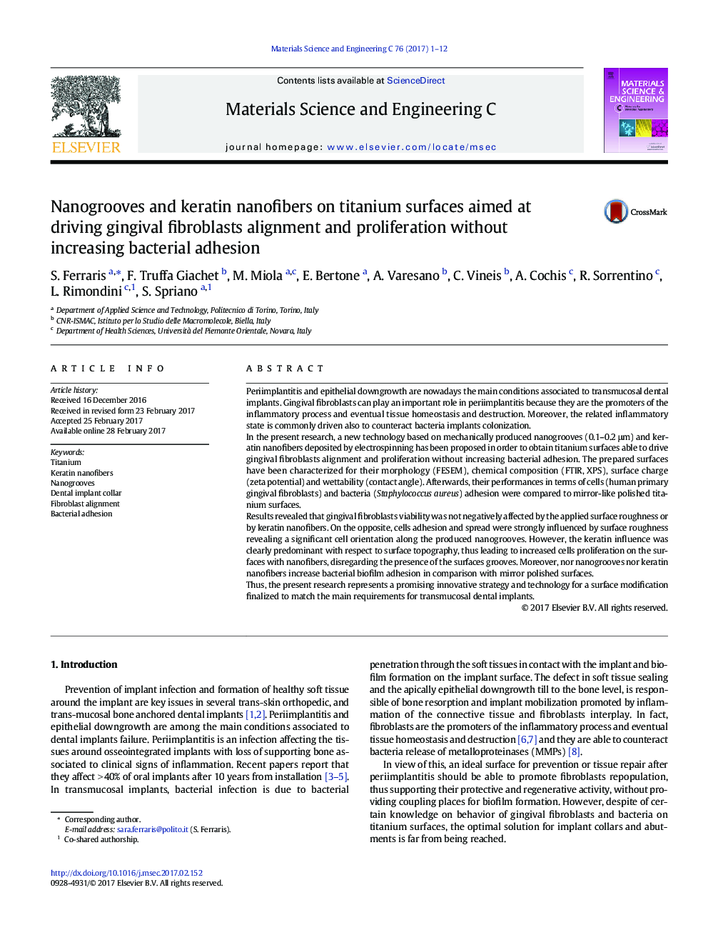 Nanogrooves and keratin nanofibers on titanium surfaces aimed at driving gingival fibroblasts alignment and proliferation without increasing bacterial adhesion