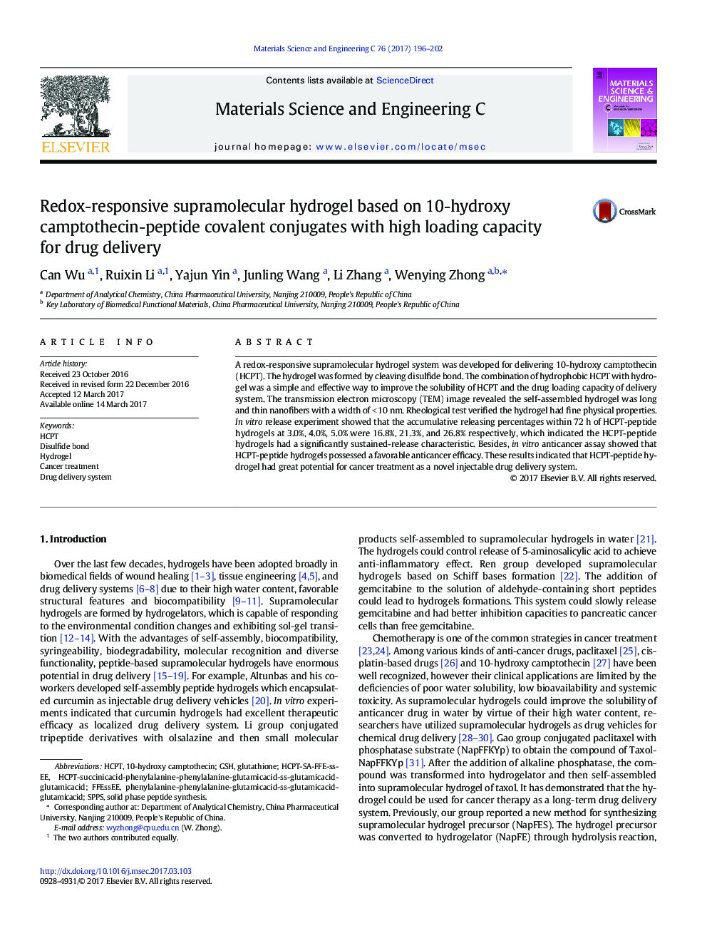 Redox-responsive supramolecular hydrogel based on 10-hydroxy camptothecin-peptide covalent conjugates with high loading capacity for drug delivery