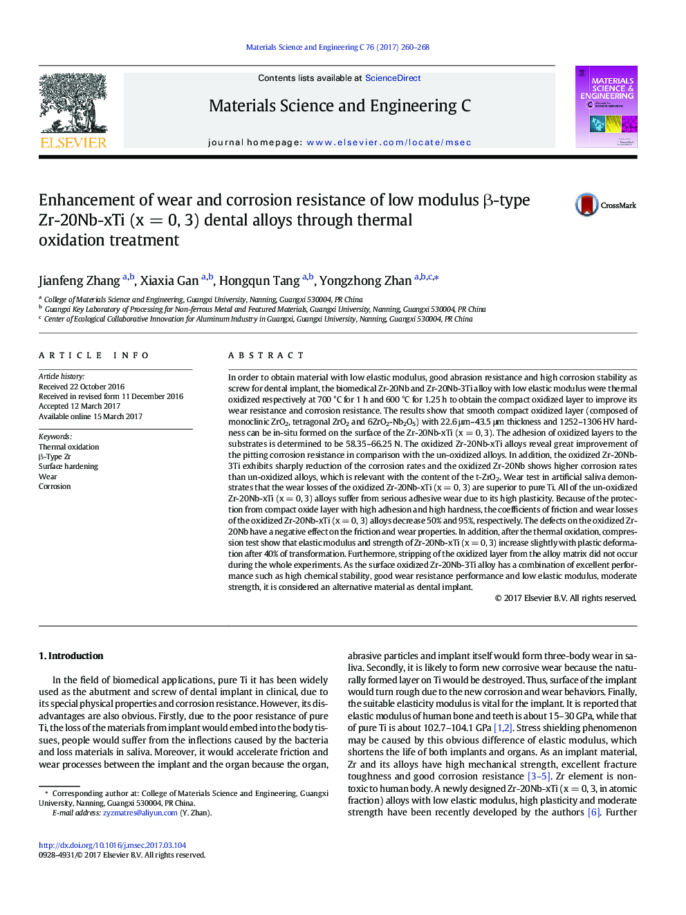 Enhancement of wear and corrosion resistance of low modulus Î²-type Zr-20Nb-xTi (x = 0, 3) dental alloys through thermal oxidation treatment