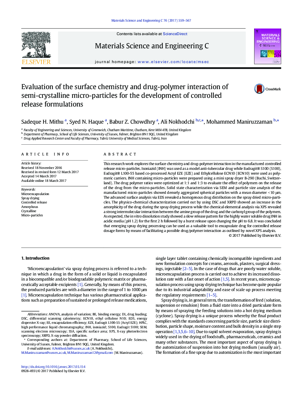 Evaluation of the surface chemistry and drug-polymer interaction of semi-crystalline micro-particles for the development of controlled release formulations