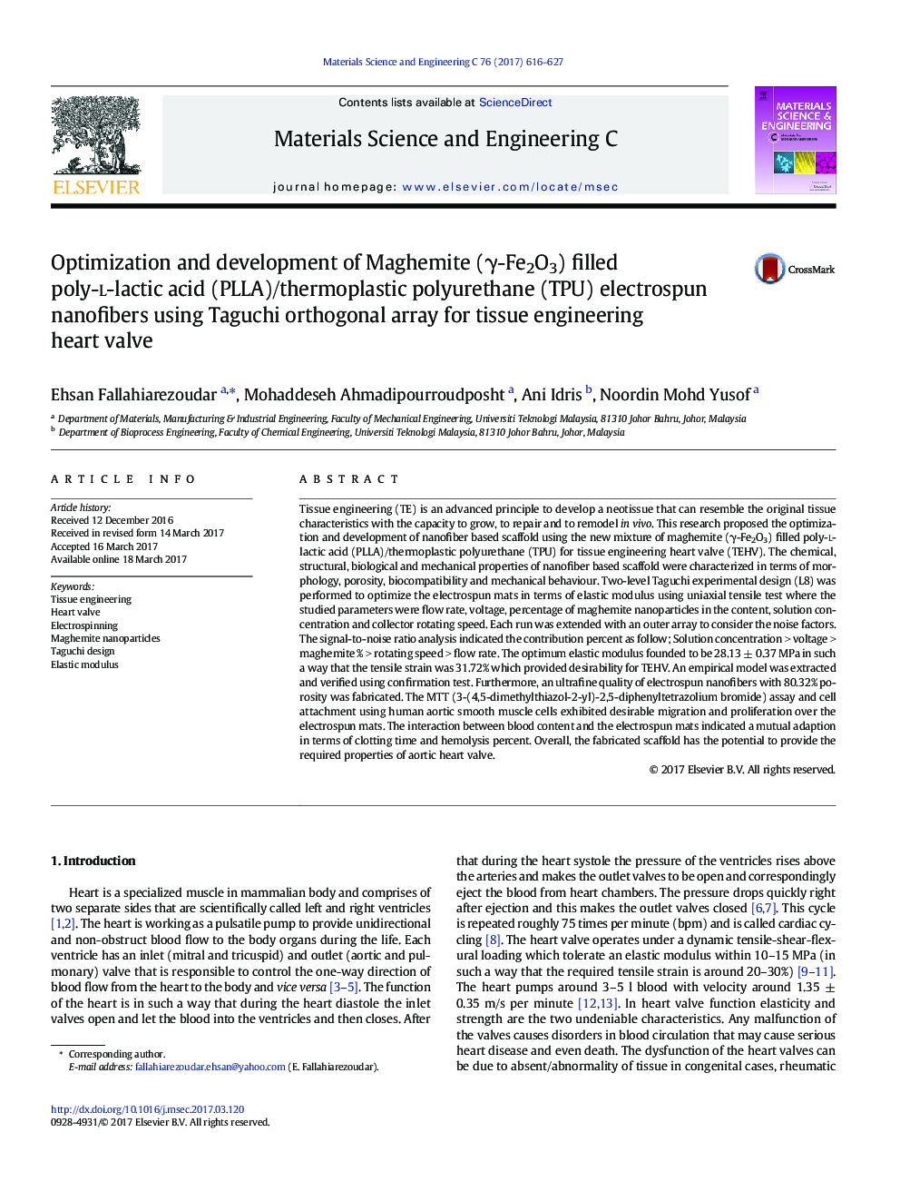 Optimization and development of Maghemite (Î³-Fe2O3) filled poly-l-lactic acid (PLLA)/thermoplastic polyurethane (TPU) electrospun nanofibers using Taguchi orthogonal array for tissue engineering heart valve