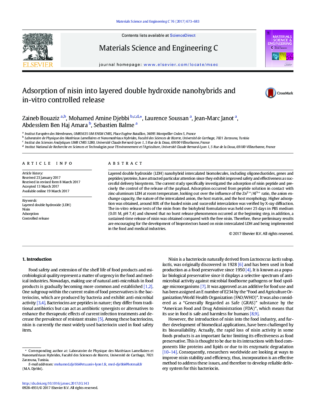 Adsorption of nisin into layered double hydroxide nanohybrids and in-vitro controlled release