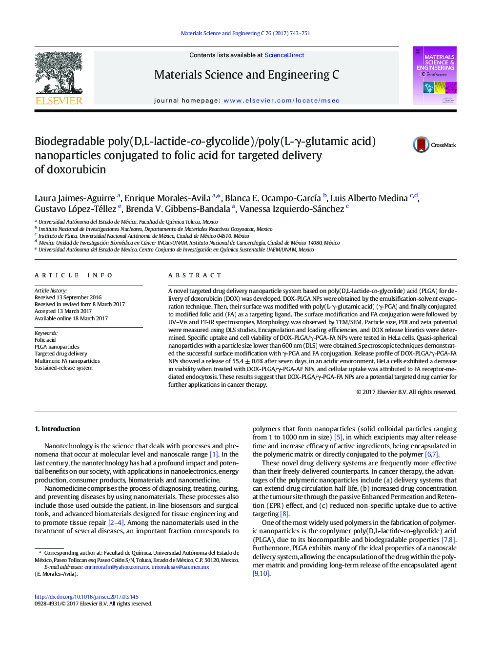 Biodegradable poly(D,L-lactide-co-glycolide)/poly(L-Î³-glutamic acid) nanoparticles conjugated to folic acid for targeted delivery of doxorubicin