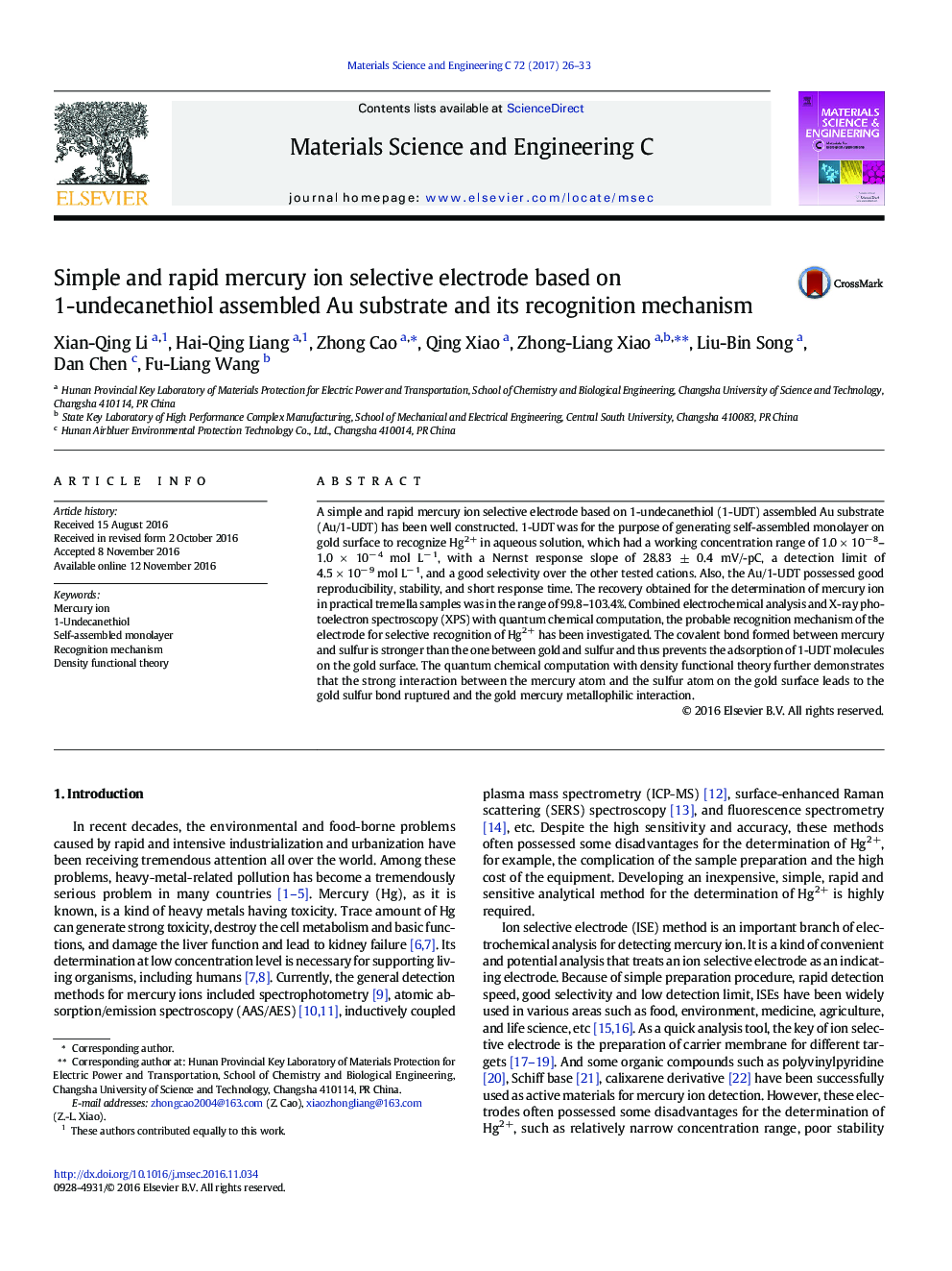 Simple and rapid mercury ion selective electrode based on 1-undecanethiol assembled Au substrate and its recognition mechanism