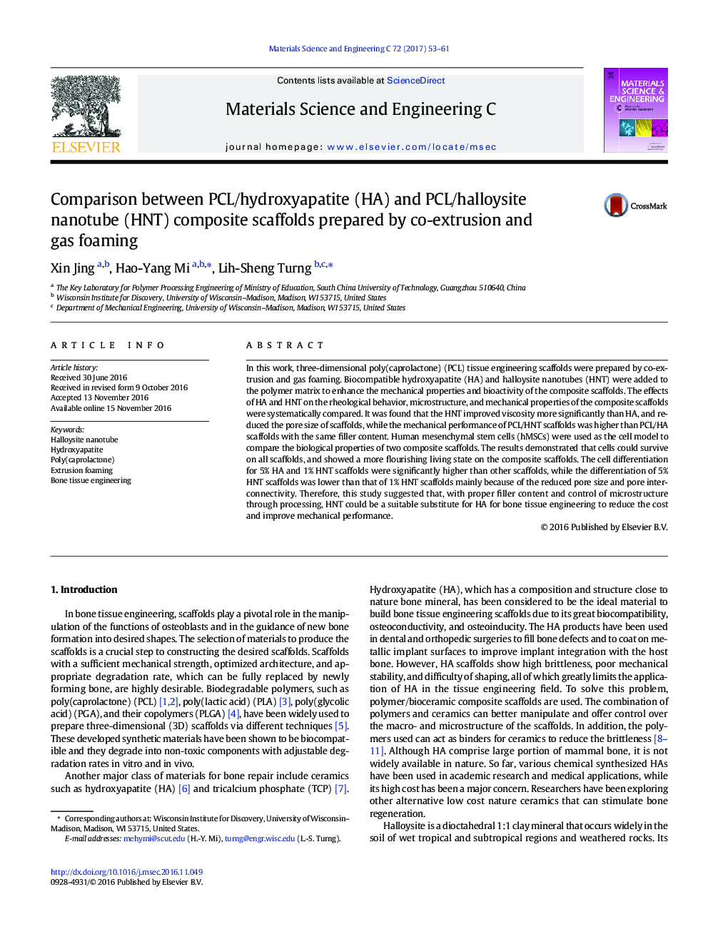 Comparison between PCL/hydroxyapatite (HA) and PCL/halloysite nanotube (HNT) composite scaffolds prepared by co-extrusion and gas foaming