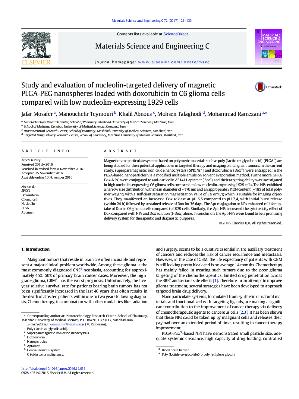 Study and evaluation of nucleolin-targeted delivery of magnetic PLGA-PEG nanospheres loaded with doxorubicin to C6 glioma cells compared with low nucleolin-expressing L929 cells