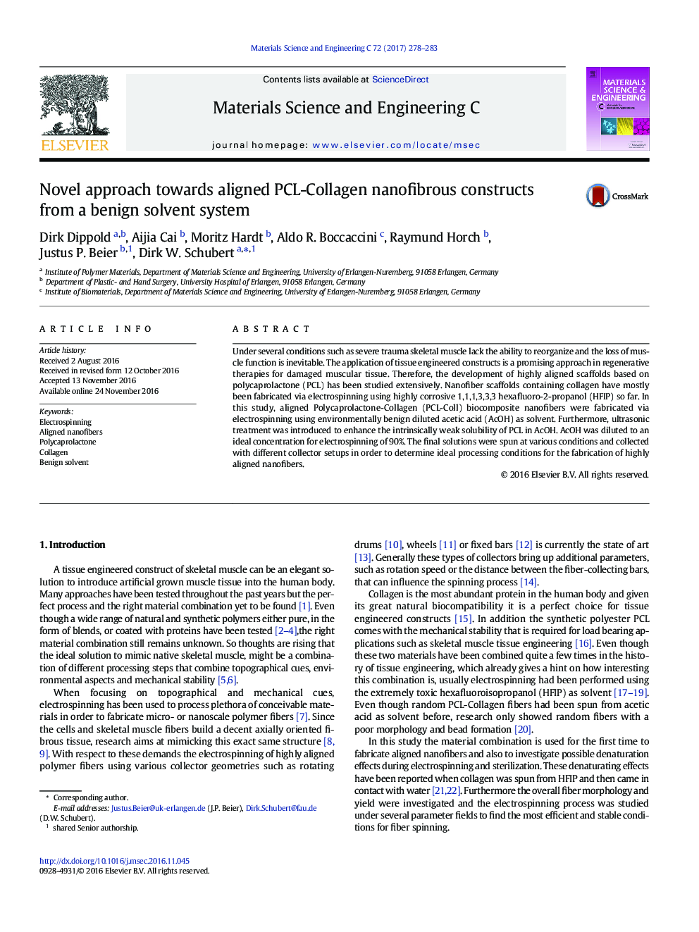 Novel approach towards aligned PCL-Collagen nanofibrous constructs from a benign solvent system