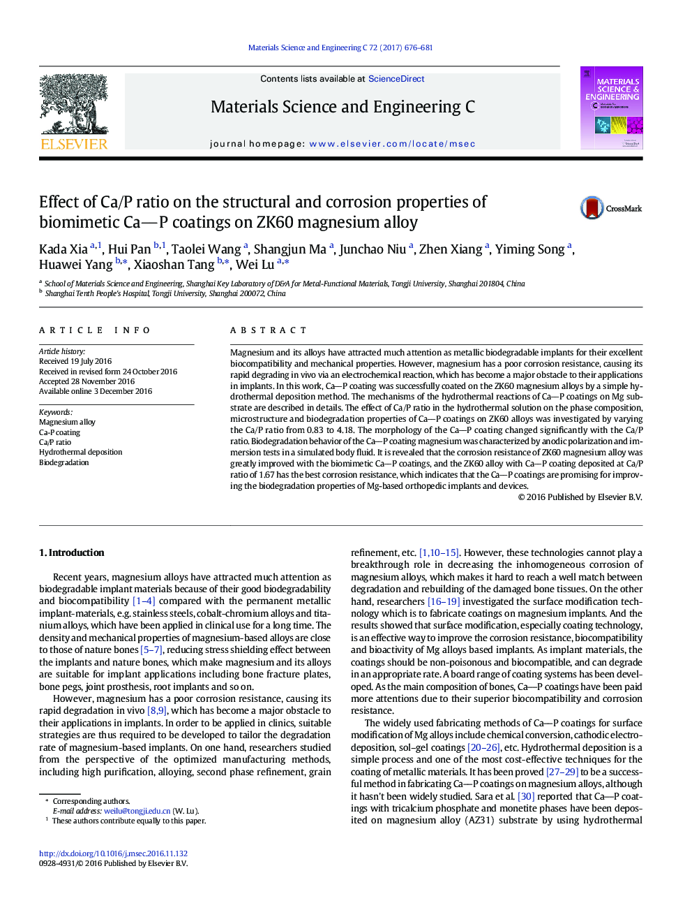 Effect of Ca/P ratio on the structural and corrosion properties of biomimetic CaP coatings on ZK60 magnesium alloy