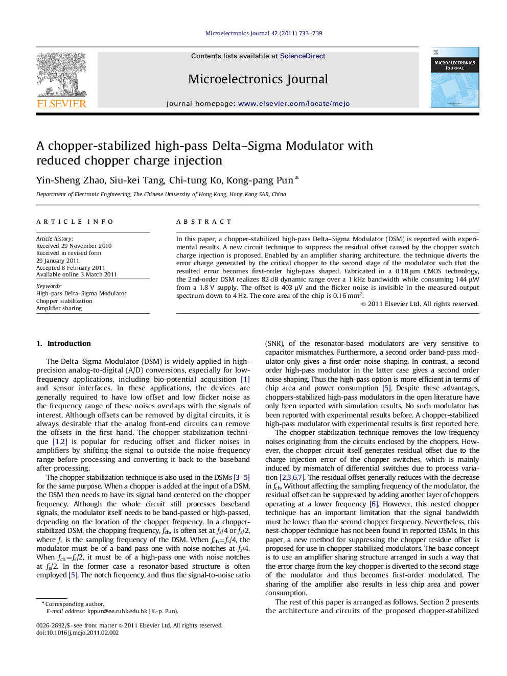 A chopper-stabilized high-pass Delta–Sigma Modulator with reduced chopper charge injection