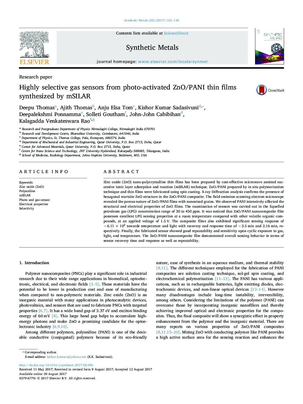 Highly selective gas sensors from photo-activated ZnO/PANI thin films synthesized by mSILAR