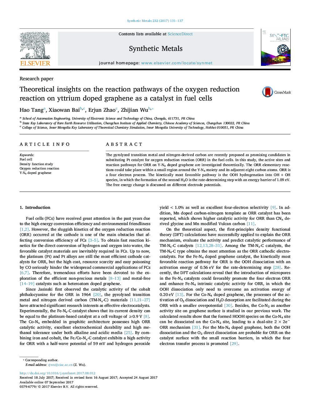 Theoretical insights on the reaction pathways of the oxygen reduction reaction on yttrium doped graphene as a catalyst in fuel cells