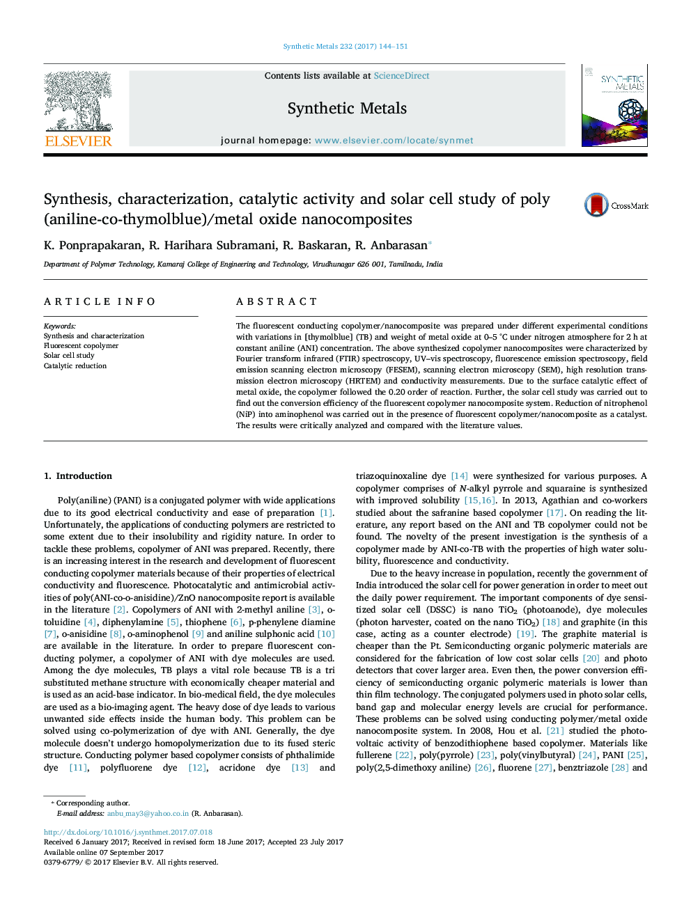Synthesis, characterization, catalytic activity and solar cell study of poly(aniline-co-thymolblue)/metal oxide nanocomposites