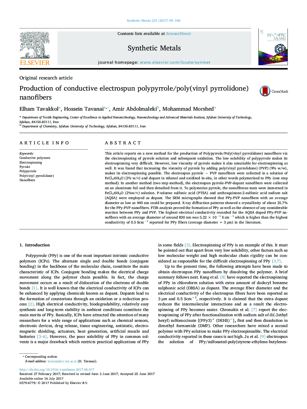 Production of conductive electrospun polypyrrole/poly(vinyl pyrrolidone) nanofibers