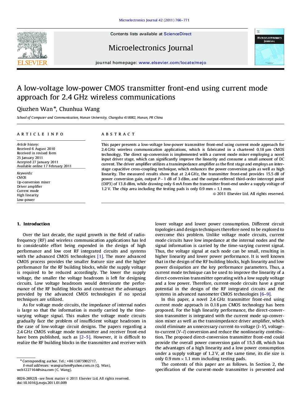 A low-voltage low-power CMOS transmitter front-end using current mode approach for 2.4 GHz wireless communications