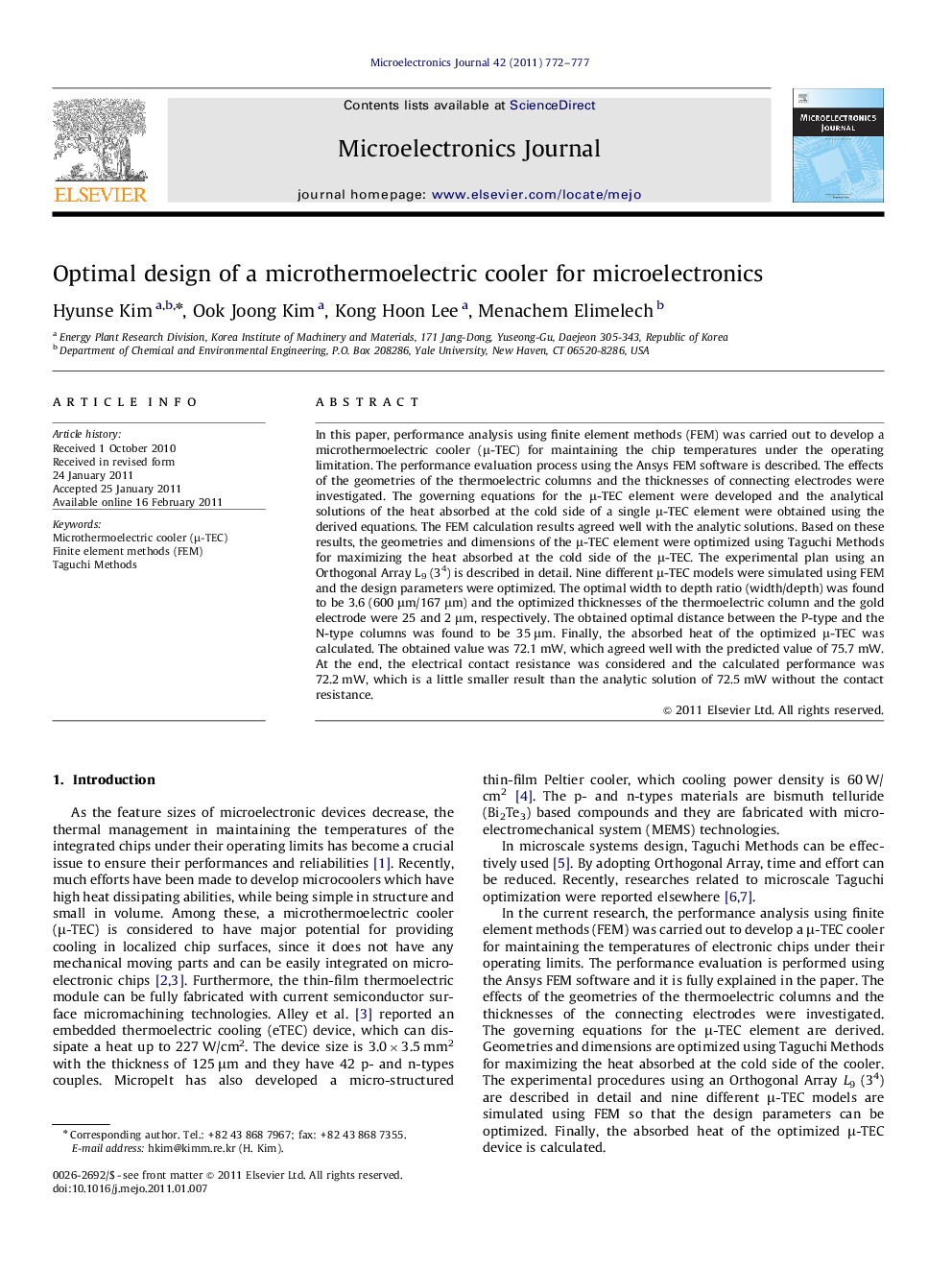 Optimal design of a microthermoelectric cooler for microelectronics