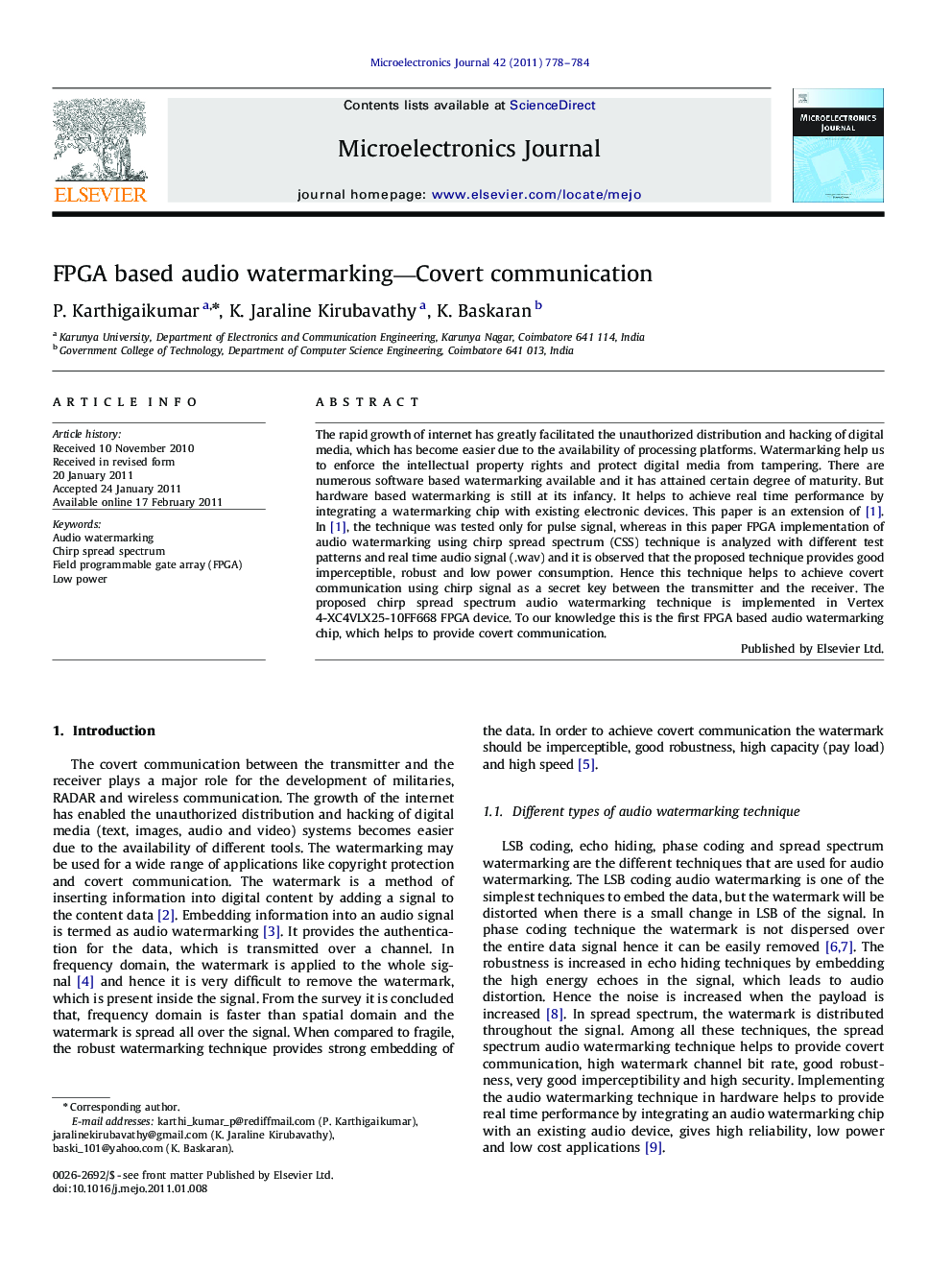 FPGA based audio watermarking—Covert communication