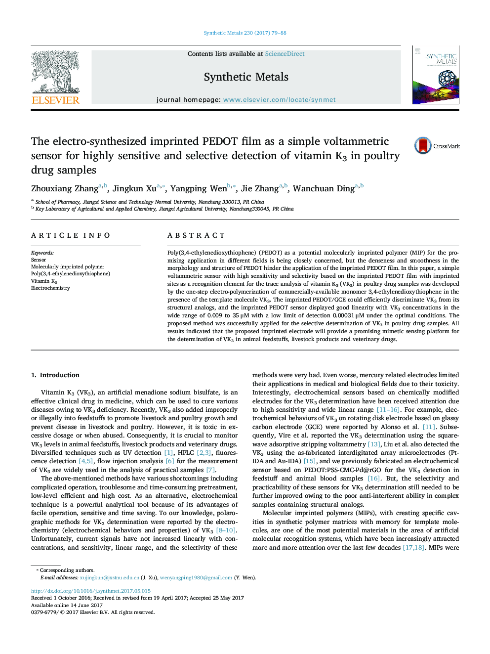 The electro-synthesized imprinted PEDOT film as a simple voltammetric sensor for highly sensitive and selective detection of vitamin K3 in poultry drug samples