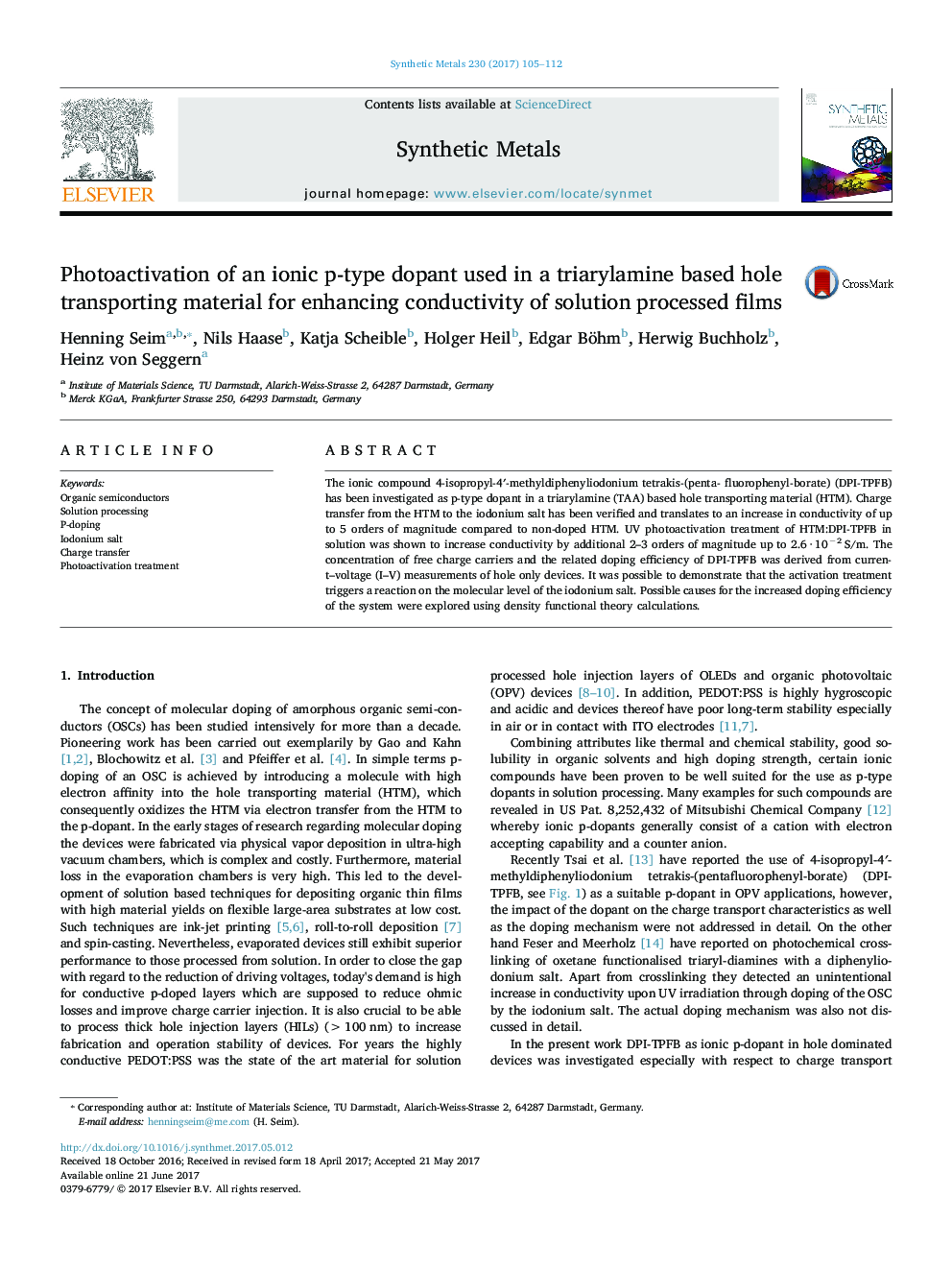 Photoactivation of an ionic p-type dopant used in a triarylamine based hole transporting material for enhancing conductivity of solution processed films