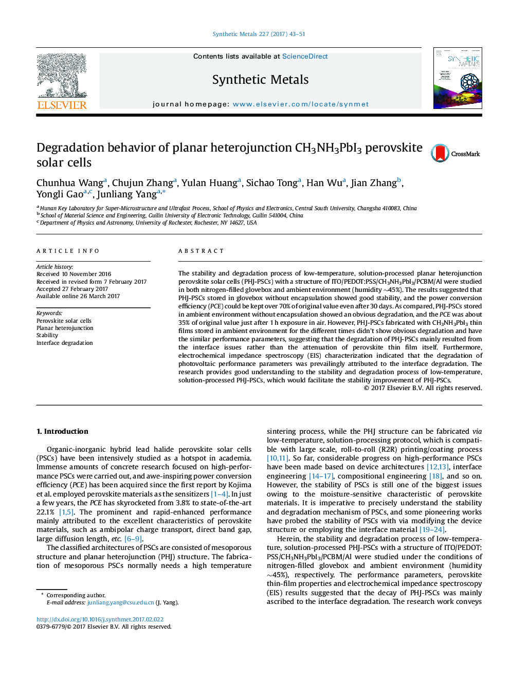 Degradation behavior of planar heterojunction CH3NH3PbI3 perovskite solar cells