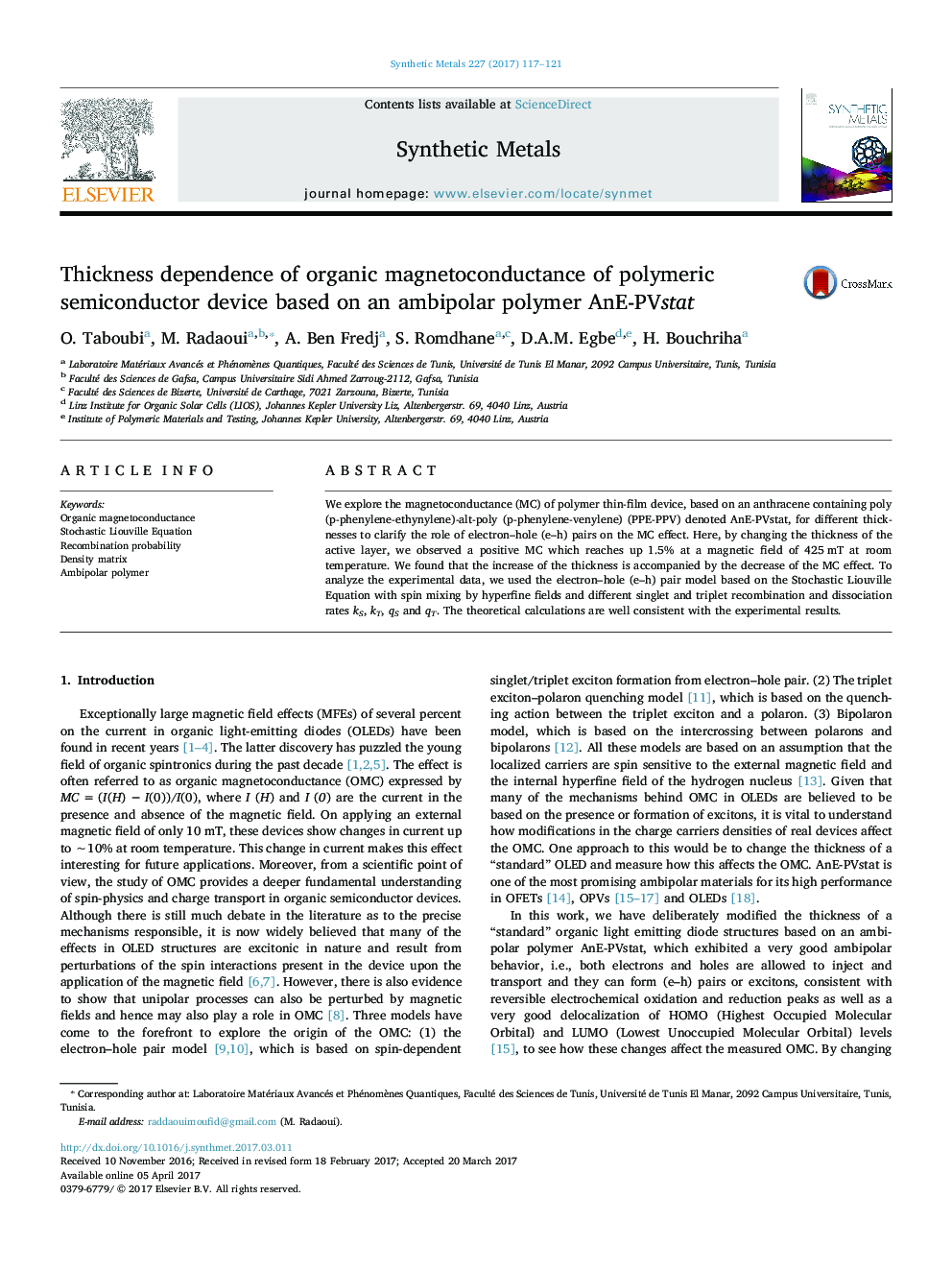 Thickness dependence of organic magnetoconductance of polymeric semiconductor device based on an ambipolar polymer AnE-PVstat