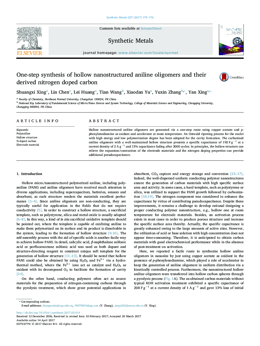 One-step synthesis of hollow nanostructured aniline oligomers and their derived nitrogen doped carbon