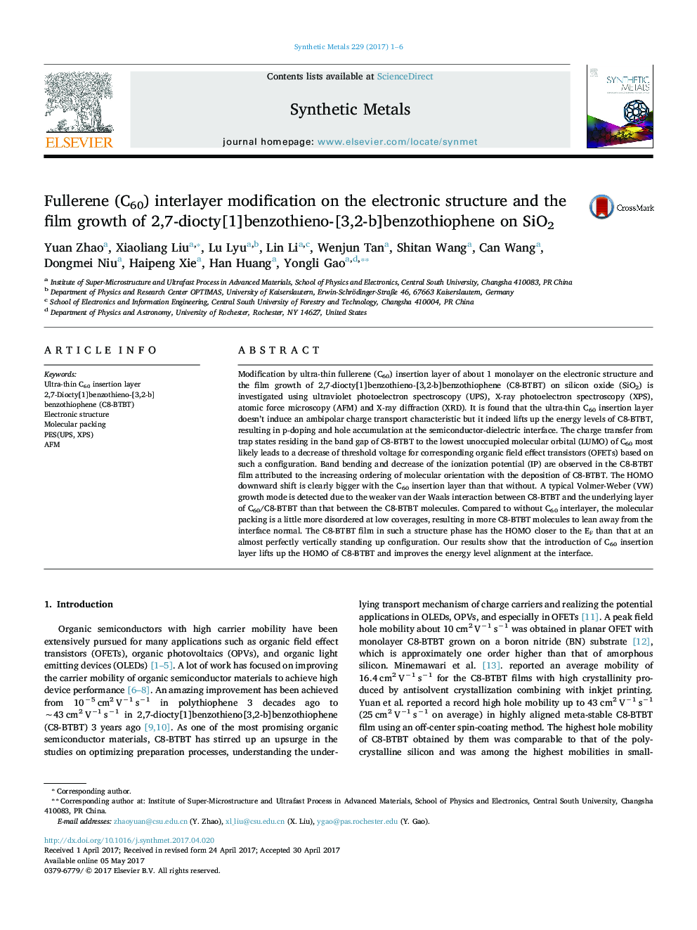 Fullerene (C60) interlayer modification on the electronic structure and the film growth of 2,7-diocty[1]benzothieno-[3,2-b]benzothiophene on SiO2