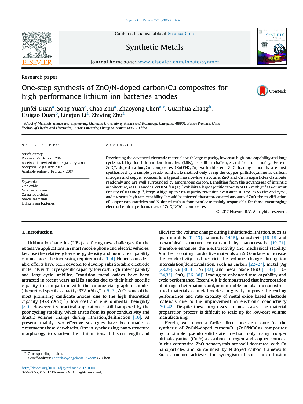 One-step synthesis of ZnO/N-doped carbon/Cu composites for high-performance lithium ion batteries anodes