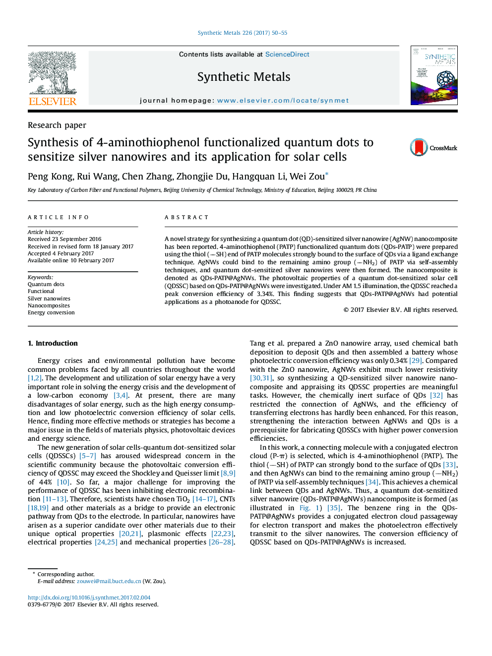 Synthesis of 4-aminothiophenol functionalized quantum dots to sensitize silver nanowires and its application for solar cells