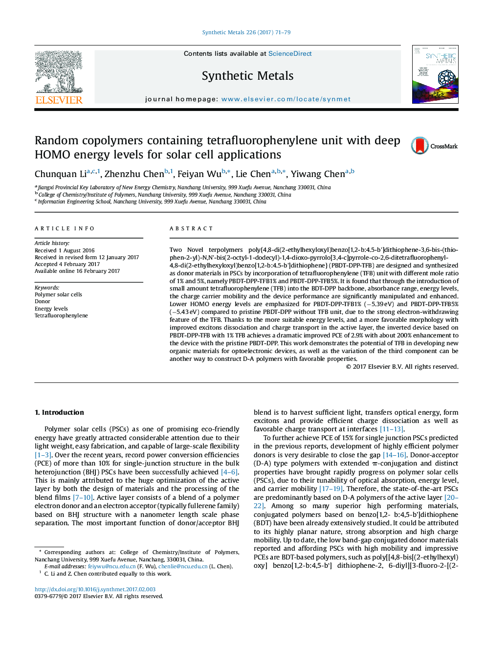 Random copolymers containing tetrafluorophenylene unit with deep HOMO energy levels for solar cell applications