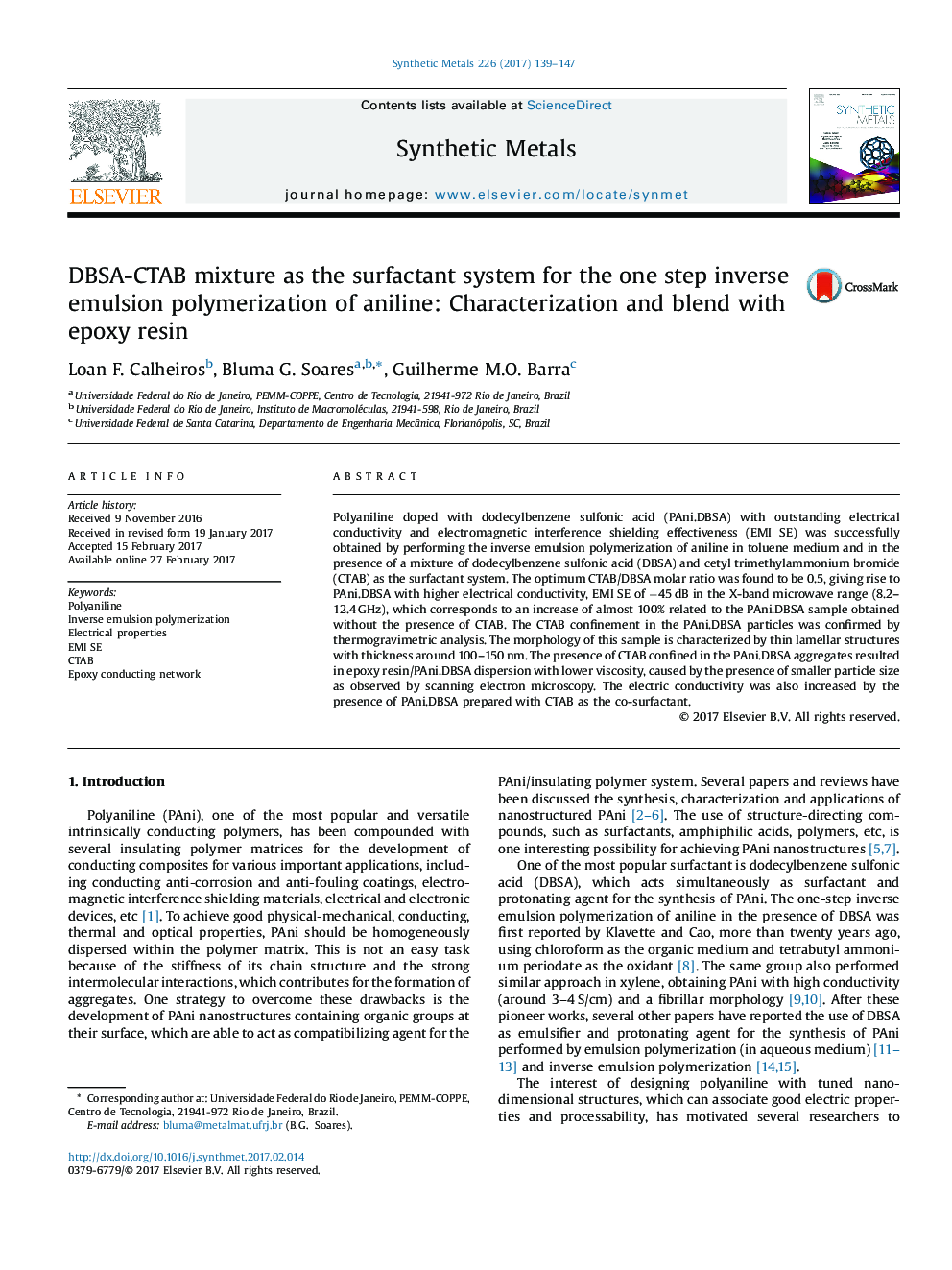 DBSA-CTAB mixture as the surfactant system for the one step inverse emulsion polymerization of aniline: Characterization and blend with epoxy resin